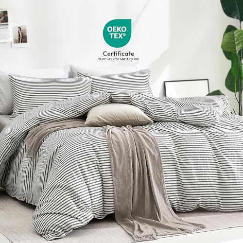 100% Cotton Queen Duvet Cover Set - Soft Grey Striped 3-Piece Bedding
