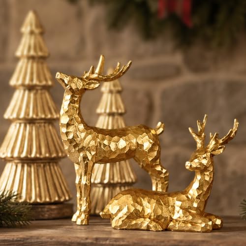 Gold Resin Reindeer Figurines Set of 2 Christmas Tabletop Decor