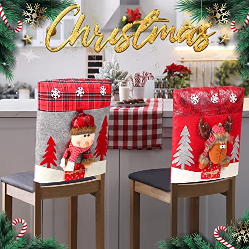 Christmas Chair Covers Set of 4 - Plush Santa Snowman Reindeer Decor