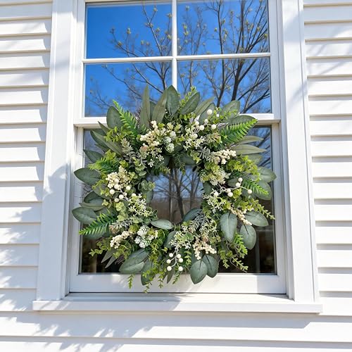 24-Inch Artificial Eucalyptus Wreath with Berries for Front Door Decor