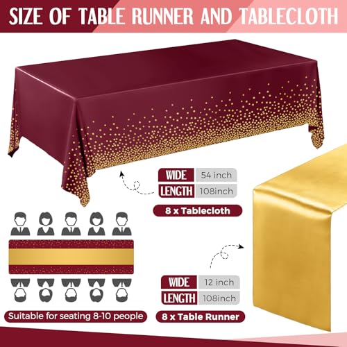 Breling Burgundy and Gold 16-Pack Tablecloths & Satin Runners Set - 54x108in Tablecloths, 12x108in Runners