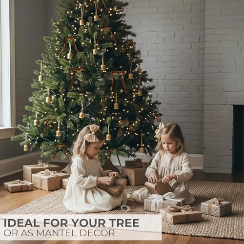 Rustic Gold Christmas Bell Ornaments Set with Velvet Bows - Holiday Decor