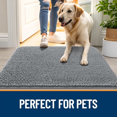 OLANLY Dog Door Mat for Muddy Paws, 30x20 Super Absorbent Chenille Grey