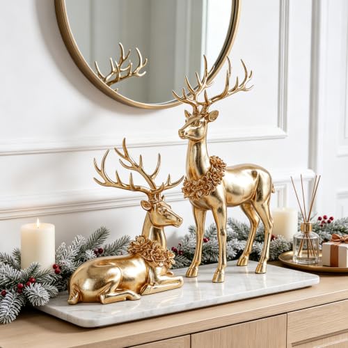 Gold Sitting Deer Figurine - 10 Inch Holiday Home Decor Ornament