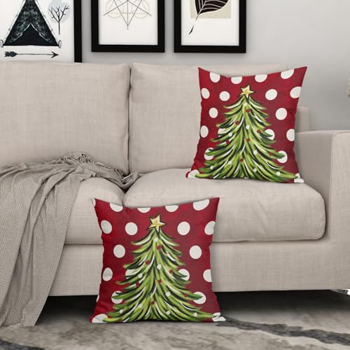 Sivirary 18x18 Inch Red Christmas Pillow Covers Set of 2 Polka Dot Tree Decor