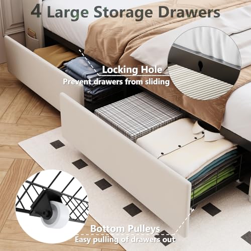 Full Size Upholstered Platform Bed Frame with 4 Storage Drawers & LED Lights