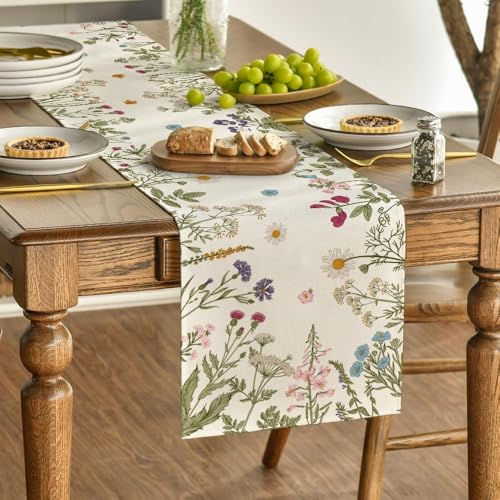 Artoid Mode Wildflowers Herb Spring Table Runner 13x90 Inch Beige Home Decor