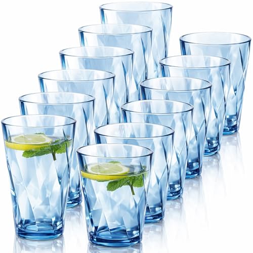 LemonRoad 12 Pack Reusable Plastic Drinking Glasses Set - Blue, 20oz & 13.5oz