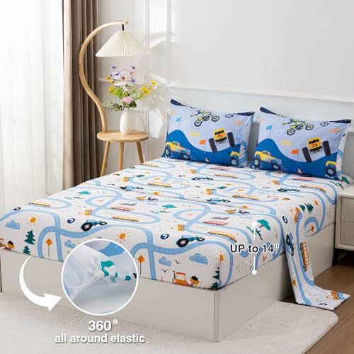 5-Piece Kids Construction Car Comforter Set - Twin Size Bed in a Bag