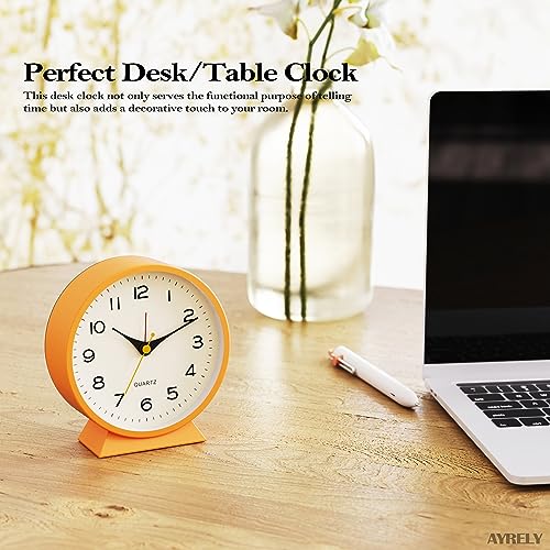 Silent 4.5" Retro Analog Alarm Clock - Non-Ticking Metal Desk Clock (Orange)