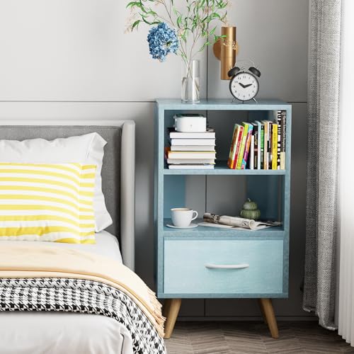 3-Tier Blue Nightstand with Drawer and Open Storage for Small Spaces