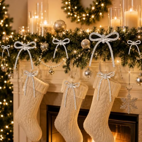 SEWACC Silver Christmas Bows with Clips 12 Pack, Rhinestone Tree Decorations