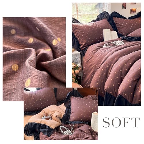 Brown Polka Dot Ruffle Duvet Cover King | Soft Double Gauze Bedding Set