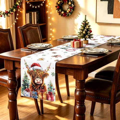 Hafangry Highland Cow Christmas Table Runner, 13 x 72in Polyester Linen-Look