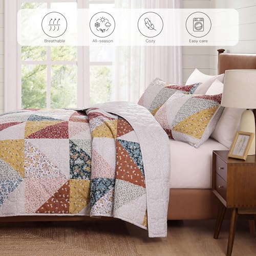 BLOOMHAVEN 3-Piece Queen Patchwork Quilt Set - Lightweight Floral Coverlet