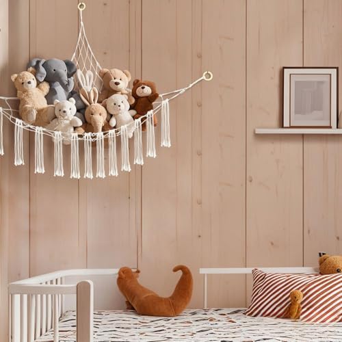 Large Cotton Stuffed Animal Hammock Corner Net - 59x47 Inch Plushie Organizer