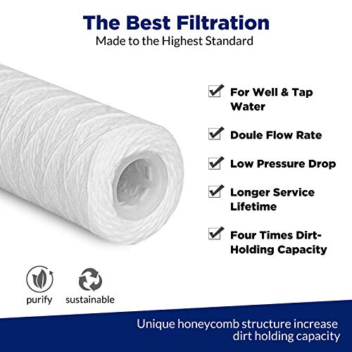 5 Micron 10" x 2.5" String Wound Whole House Water Filter Cartridges - 6 Pack