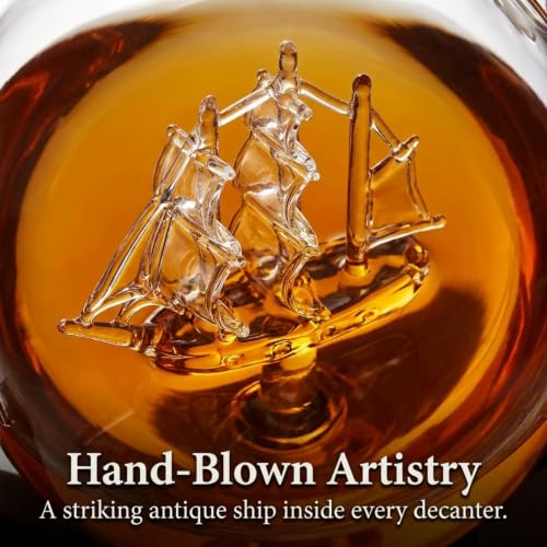 Godinger Whiskey Decanter Globe Set with 2 Etched Glasses, 850ml - Gift for Men