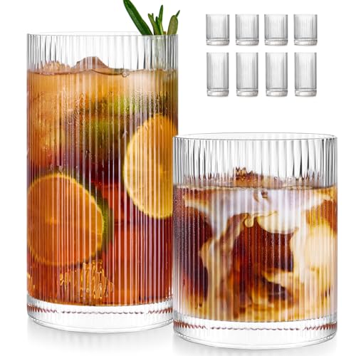 8-Piece Ribbed Glassware Set, 17oz Highball and 12oz Rocks Drinking Glasses