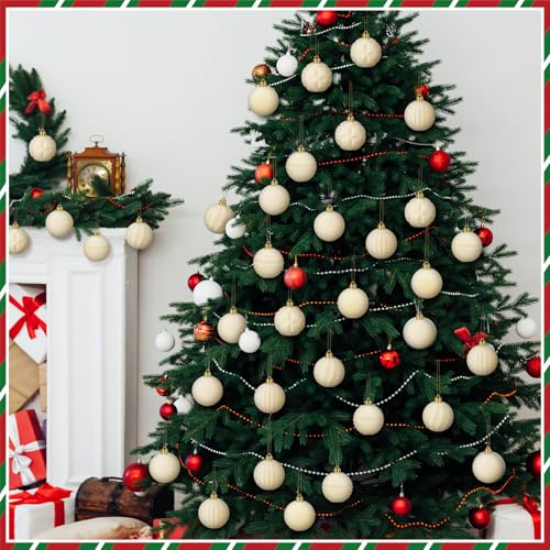 Menkxi 30 Pcs Cream White Velvet Christmas Ornaments, 2 Inch Flocked Balls – 6 Styles, Gold Hanging Cord