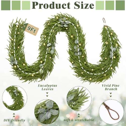 Waipfaru 9ft 2pcs Christmas Norfolk Pine Garland with Lights - Realistic Artificial Faux Cedar