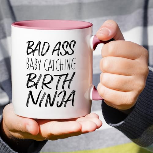 Retreez Funny Bad Ass Baby Ninja Birth Mug - 11 oz White with Pink Handle & Inside