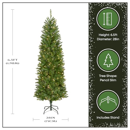 6.5ft Pre-Lit Kingswood Fir Slim Artificial Christmas Tree with Metal Stand