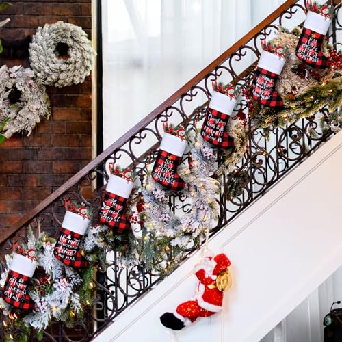 Skylety 24 Pcs Small Christmas Stockings Bulk 9" Buffalo Plaid Red and Black Word Variation