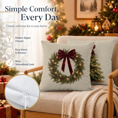 Vintage Christmas Tree Wreath Pillow Covers Set of 2 18x18 Inch