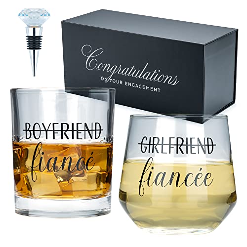 Engagement Gift Set for Couples with Whiskey Glass, Wine Glass & Stopper