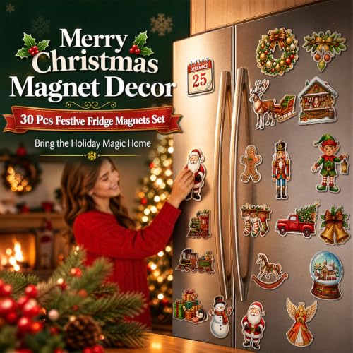 30 Pack Christmas Refrigerator Magnets - Santa Snowman Gingerbread Holiday Decor