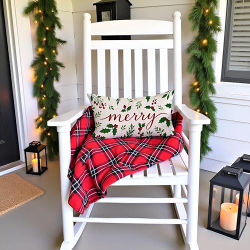 HERHOME Red & Green Christmas Throw Pillow Cover 20x12 with Holly Berries