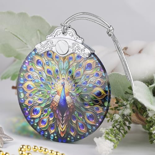 Peacock Stained Glass Ornament - PEMIRSAYO Peacock Christmas Tree Decor (3" x 3.5")