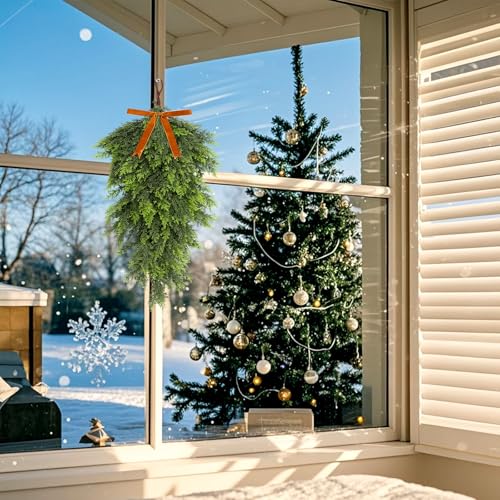 27-Inch Artificial Cedar Christmas Teardrop Swag with Bow for Front Door
