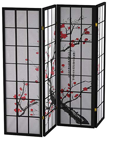 4-Panel Japanese Shoji Room Divider - Plum Blossom Print, Black Wood