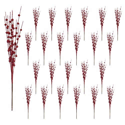 Red Glitter Holly Berry Stem Ornaments - 24 Pack for Christmas Decor
