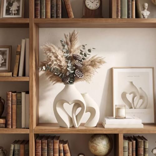 White Ceramic Heart-Shaped Vase Set of 2 - Boho Minimalist Table Centerpiece