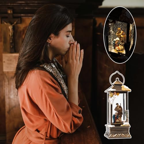 12-Inch Christmas Snow Globe Lantern with Nativity, Angel, Music & LED Light