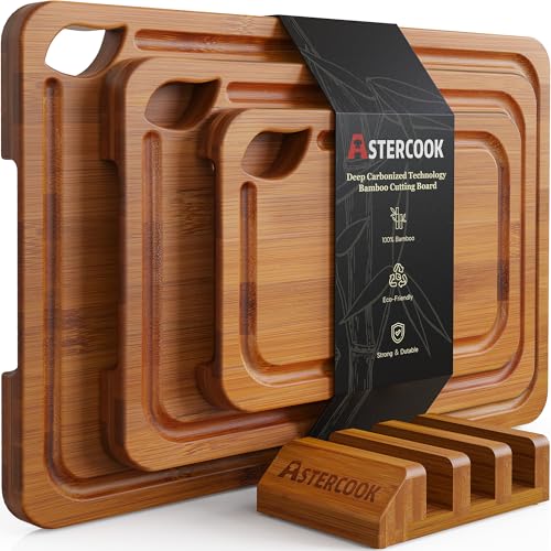 Astercook 3-Piece Deep-Carbonized Bamboo Cutting Board Set with Storage Stand, Reversible Juice Grooves & Handles