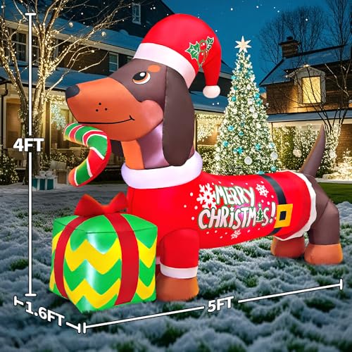 KOOY 5FT Christmas Inflatable Dachshund with Gift Box Outdoor Decor