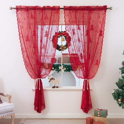KYMRose 52x95 Inch Christmas Lace Curtains 2 Panels Red Tree Weave Rod Pocket