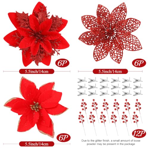 Nubry 30Pcs Red Glitter Poinsettia with Clips & Berry Picks - Red-30
