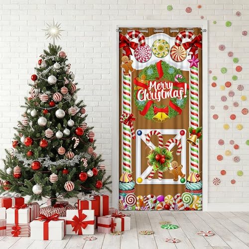 Christmas Gingerbread House Door Cover with Floor Stickers - Holiday Decor, 67x33 inches