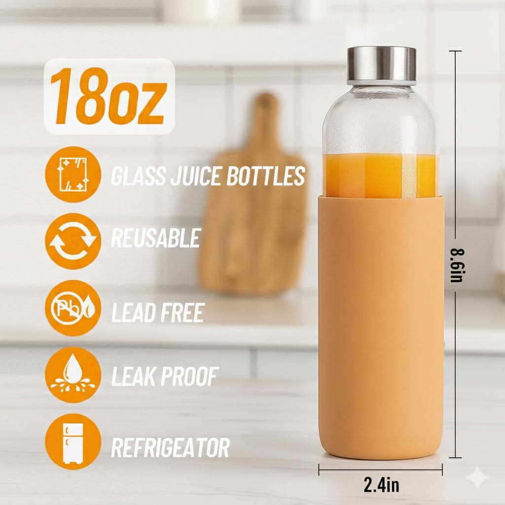 Luxfuel 18 oz Glass Juice Bottles with Lids and Silicone Sleeve, 6 Pack Reusable Clear Glass Water Bottles with Stainless Steel Cap for Juicing, Refrigerator,100% Leak Proof, BPA Free Drinking Bottle
