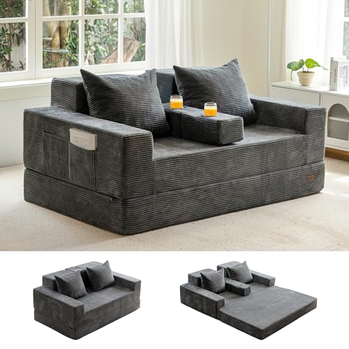 64-Inch Foldable Loveseat Sofa Bed with Cup Holders, Grey Corded Fabric