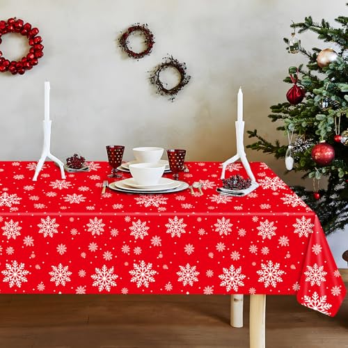 Temicle Red and White Snowflake Plastic Tablecloth 54 x 108 Inches Holiday Disposable Cover