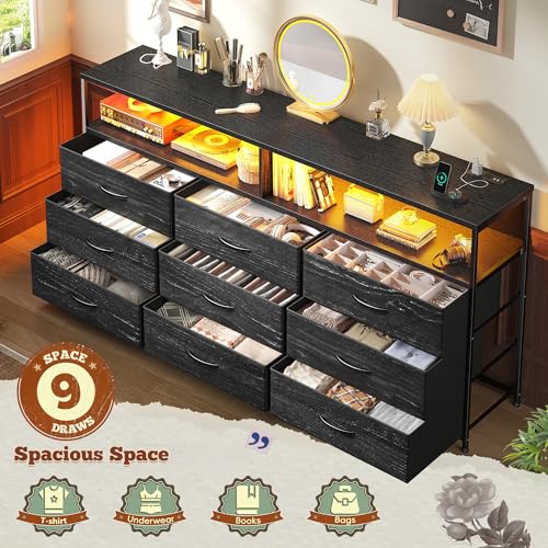 55-Inch 9-Drawer Bedroom Dresser with LED Lights, Power Outlets & TV Stand