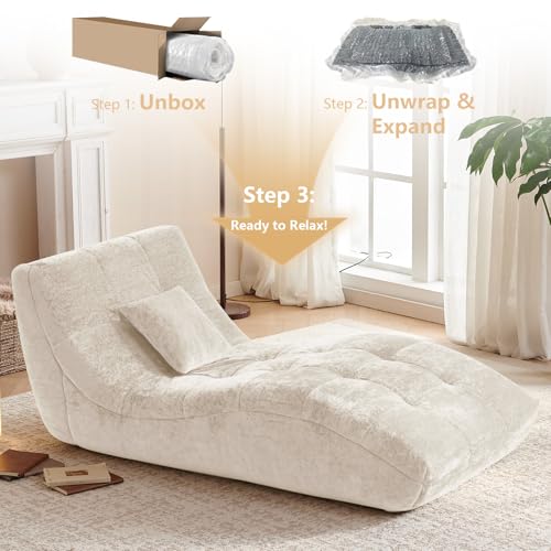 Modern Upholstered Chaise Lounge Chair with Tufted Curved Back, Beige