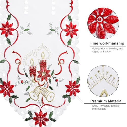 Joyfol Day Christmas Table Runner 14x69 in with Embroidered Poinsettia Holly Candles Bell