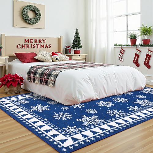 ROYHOME Blue Snowflake Christmas Area Rug 5x7 ft Washable Decor